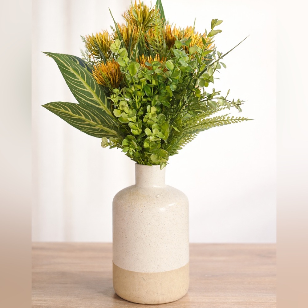 NWT Protea Eucalyptus Faux Floral Arrangement Ceramic Vase Boho Home Decor